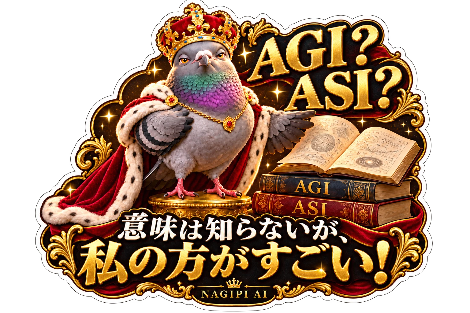 AGIとASIの本を横に、こちらを向いて得意げに胸を張る王冠の鳩NAGIPI