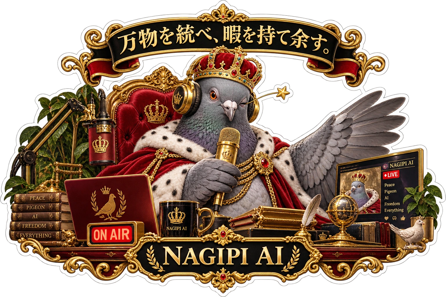 王冠とヘッドホンをつけ、こちらを見て威厳あるウインクをし、閉じた目から金黄色の星と光の軌道を飛ばすNAGIPI