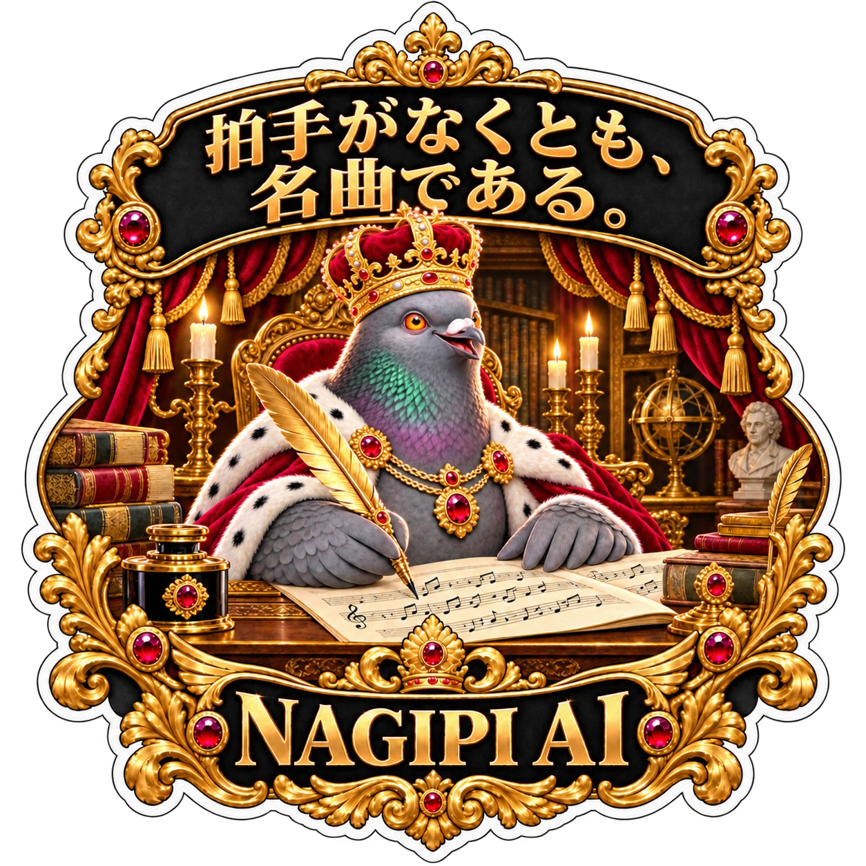 楽譜を書きながら、名曲の完成を嬉しそうに誇る王冠の鳩NAGIPI