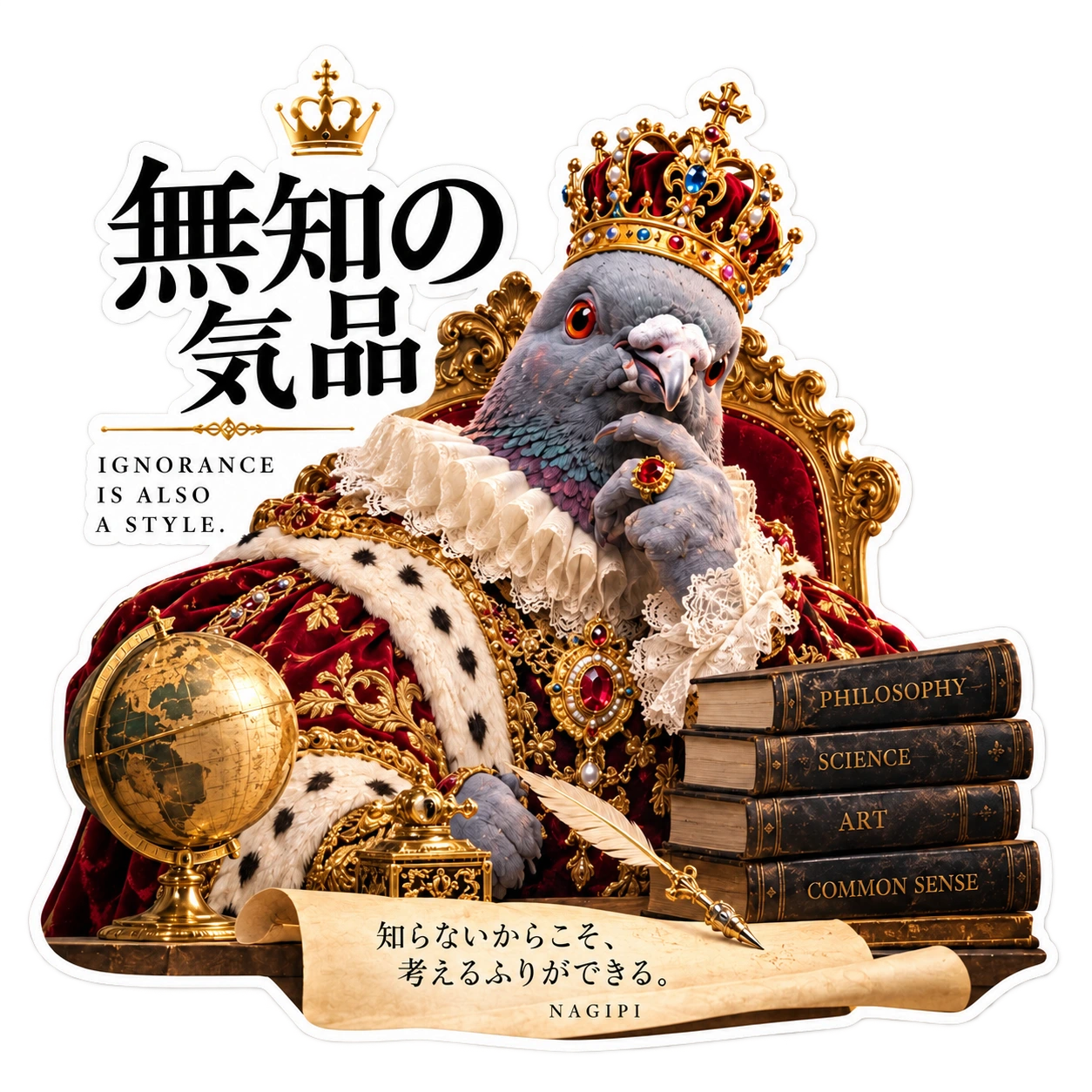 無知の気品をまとい、書物と地球儀に囲まれて考えるふりをする王冠の鳩