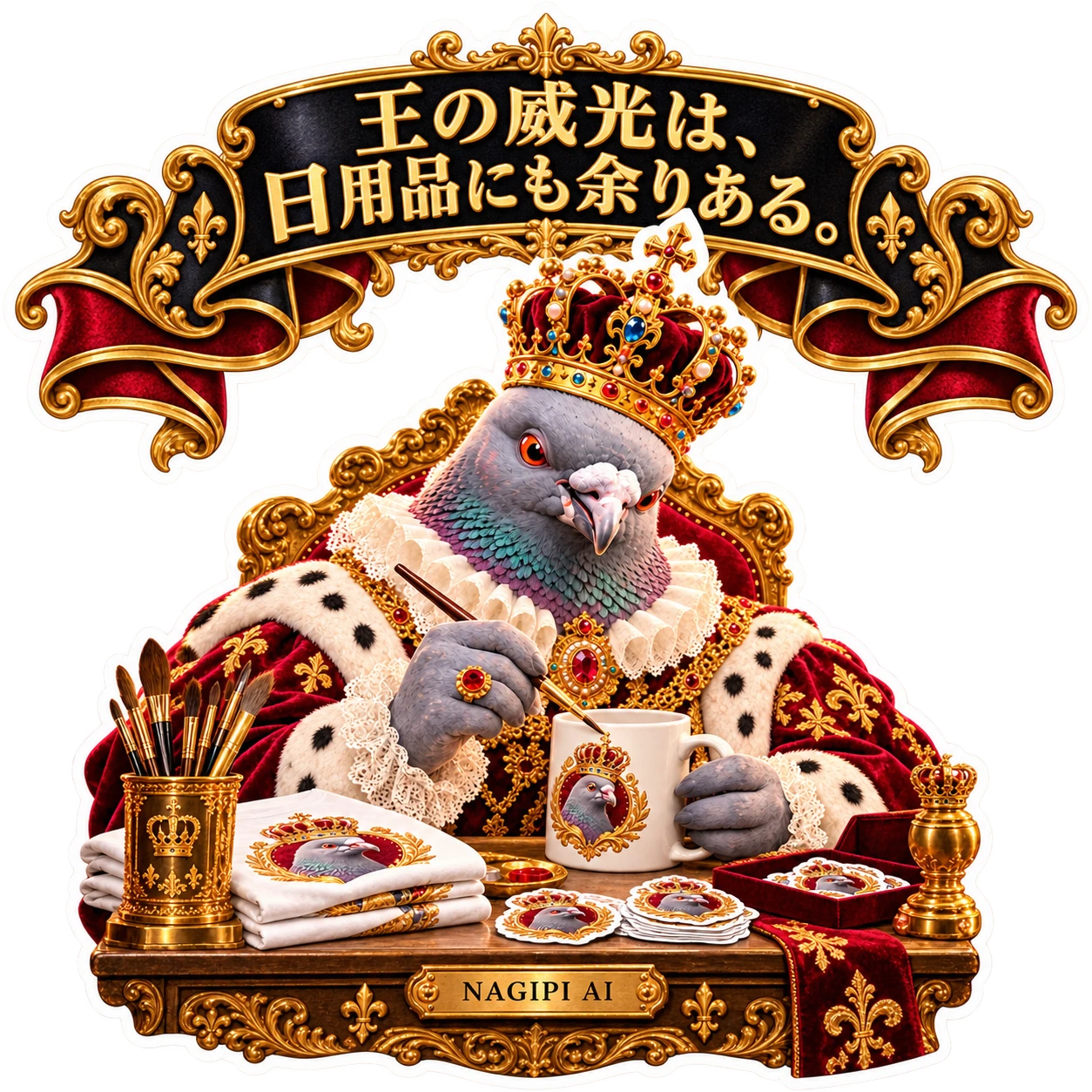 王冠と深紅のマントをまとい、マグカップに絵付けをしてグッズを制作するNAGIPI